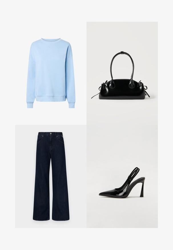 Sweat-shirt bleu clair à manches longues avec col rond, poignets et ourlet côtelés, présenté sur fond blanc.; Jean à jambe large de couleur bleu foncé en denim, avec une taille haute, cinq poches et des coutures orange le long des coutures.; Escarpin en cuir verni noir à talon aiguille, à bout pointu, avec une sangle élastique double pour un maintien sécurisé. Surface lisse et brillante.; Petit sac à main noir brillant avec deux longues anses et des détails à cordon sur les côtés sur un fond clair uni.