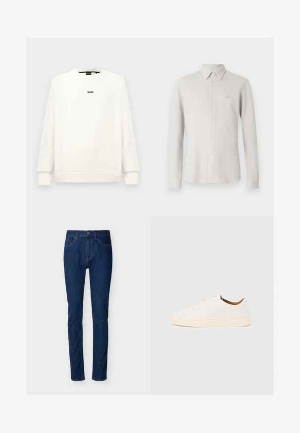 Witte sweatshirt met een ronde hals, lange mouwen, ribbelboorden en -zoom. Voorzien van een klein zwart 'BOSS' logo op de borst. Glad textuur.; Lichtgrijs overhemd met knopen, gemaakt van een gestructureerde stof, met kraag en lange mouwen; heeft een subtiel "BOSS"-logo op de borst.; Donkerblauwe denim jeans met een slim fit, vijfzakkenontwerp, zichtbare stiksels en een knoopsluiting in de taille. Gladde textuur.; Witte lage sneaker met vetersluiting, minimale stikdetails en een crèmekleurige zool op een lichtgrijze achtergrond.