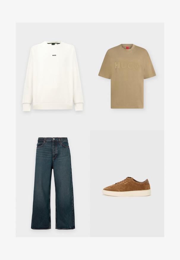 Witte sweatshirt met een ronde hals, lange mouwen, ribbelboorden en -zoom. Voorzien van een klein zwart 'BOSS' logo op de borst. Glad textuur.; Beige T-shirt met korte mouwen, ronde hals en een reliëflogo "HUGO" in het midden van de borst.; Donkerblauwe wijde spijkerbroek met knoopsluiting aan de voorkant, ritssluiting en ontwerp met vijf zakken, tentoongesteld tegen een witte achtergrond.; Bruine suède sneaker met een afgeronde neus, crèmekleurige rubberen zool en tonale veters. Heeft een geperst logo op de zijkant en een glad achterpaneel.