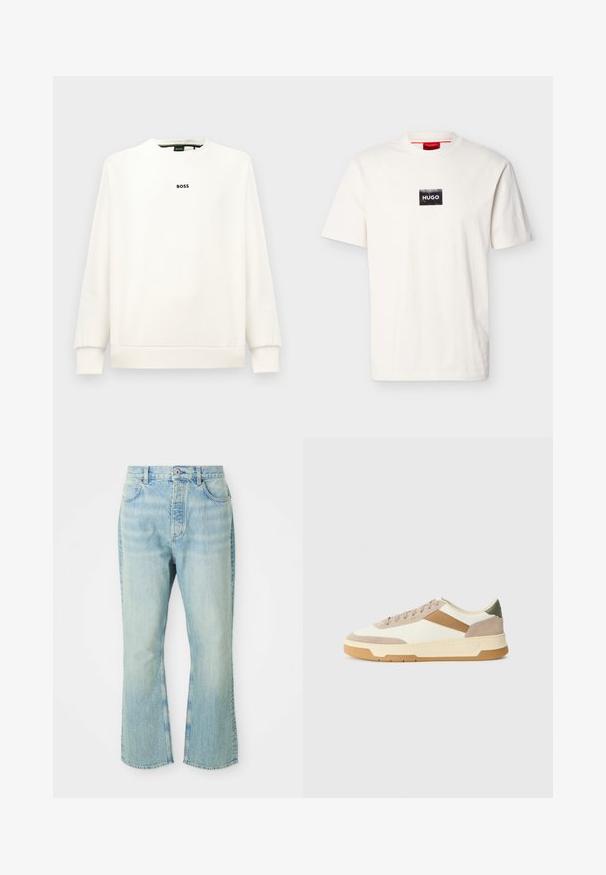 Weißes Sweatshirt mit Rundhalsausschnitt, langen Ärmeln, gerippten Bündchen und Saum. Mit einem kleinen schwarzen „BOSS“-Logo auf der Brust. Glatte Textur.; Weißes T-Shirt mit kurzen Ärmeln und Rundhalsausschnitt, versehen mit einem kleinen schwarzen rechteckigen Aufnäher und weißem "HUGO"-Schriftzug auf der Brust.; Hellblaue, ausgestellte Jean mit hoher Taille, ausgestattet mit fünf Taschen, Gürtelschlaufen und einem ausgewaschenen Denim-Look.; Sneaker in Beige, Creme und Olivgrün, aus Wildleder und Leder, mit runder Zehenpartie, minimalistischem Design und Gummisohle.