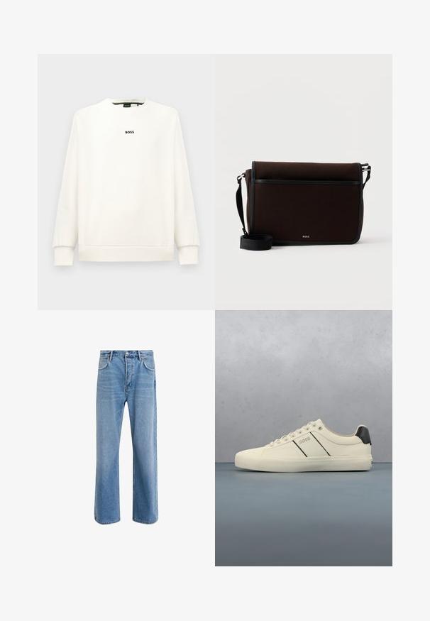 Weißes Sweatshirt mit Rundhalsausschnitt, langen Ärmeln, gerippten Bündchen und Saum. Mit einem kleinen schwarzen „BOSS“-Logo auf der Brust. Glatte Textur.; Helle blaue Jeans im Geradeschnitt-Design, mit fünf Taschen, Knopfverschluss, minimaler Ausbleichung und kontrastierenden Nähdetails.; Cremfarbene Sneaker mit glatter Oberfläche, die schwarze Akzente und Markenlogo aufweisen. Klassisches Schnürdesign mit runder Zehenform und Gummisohle.; Dunkelbraune Stoff-Umhängetasche mit verstellbarem schwarzem Gurt und kleinem silbernem "BOSS"-Logo auf der vorderen Klappe.