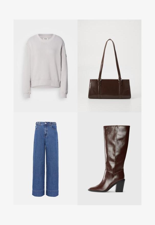 Lys grå sweatshirt med rund hals, lange ærmer, ribbede manchetter og en let cropped kant. Har diskret syning foran.; Blå denim jeans med vide ben, flettet linning, knap foran og lommer, vist på ensfarvet baggrund.; Høj, mørkebrun læderstøvle med spids tå og stablet blokhæl, vist fra siden på en ensfarvet baggrund.; Brun lakeret håndtaske med rektangulær form, to lange håndtag og subtile buede detaljer på fronten.