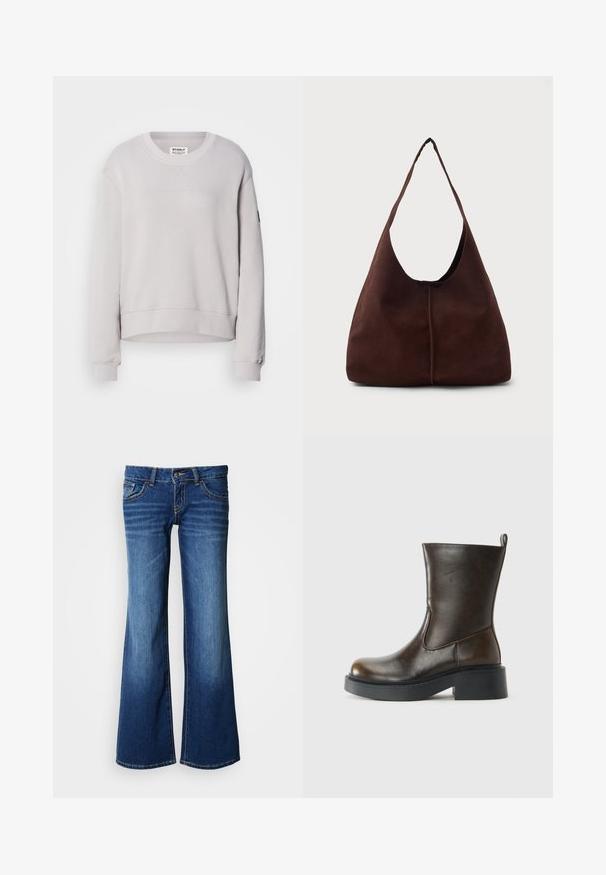 Lys grå sweatshirt med rund hals, lange ærmer, ribbede manchetter og en let cropped kant. Har diskret syning foran.; Bukser af blå jeans i mørkeblå med udvidede ben. Har klassisk design med fem lommer, knaplukning og kontrastsyning. Glat tekstur.; Mørkebrune læderstøvler til midten af læggen med rund tå, tyk sort sål, lav blokhælel og en trækflap bagpå.; Brun suedette hobo taske med en stor, buet åbning og en bred skulderrem. Har en centreret søm på forsiden. Glat tekstur.