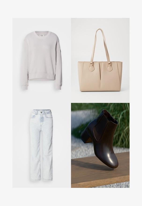 Lys grå sweatshirt med rund hals, lange ærmer, ribbede manchetter og en let cropped kant. Har diskret syning foran.; Lysblå højtaljede jeans med lige ben, lavet af denim. Har en knapåbning, fem-lomme design og en diskret falmet tekstur.; Brun læder ankelstøvle med en afrundet tå og en lav blokhælhæl, der har elastiske sidepaneler og en glat, blank finish.; Beige tote taske lavet af tekstureret kunstlæder, med dobbelte håndtag og guldfarvede hardware accenter. Designet inkluderer en delt frontdetalje.