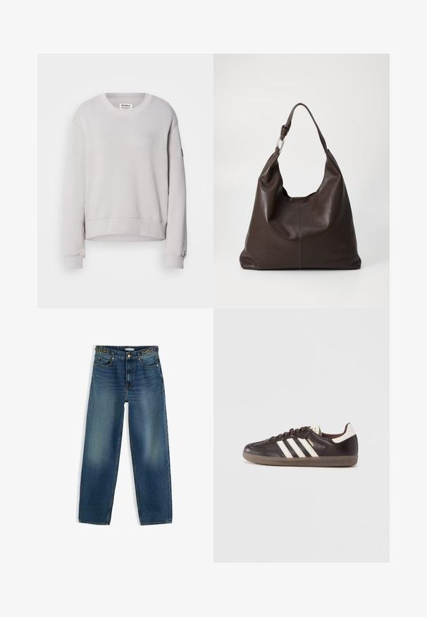 Sudadera gris claro con cuello redondo, mangas largas, puños acanalados y un dobladillo ligeramente corto. Presenta costuras frontales sutiles.; Vaqueros azul rectos con lavado desgastado, bolsillos delanteros, cierre de botón y cremallera, y detalle de cadena dorada en la cintura.; Zapatillas deportivas de cuero marrón oscuro con diseño de tres franjas blancas, suela de goma y la palabra "Samba" en letras doradas en el lateral. Forma clásica de corte bajo.; Zign by Zalando LEATHER - Bolso shopping - chocolate brown