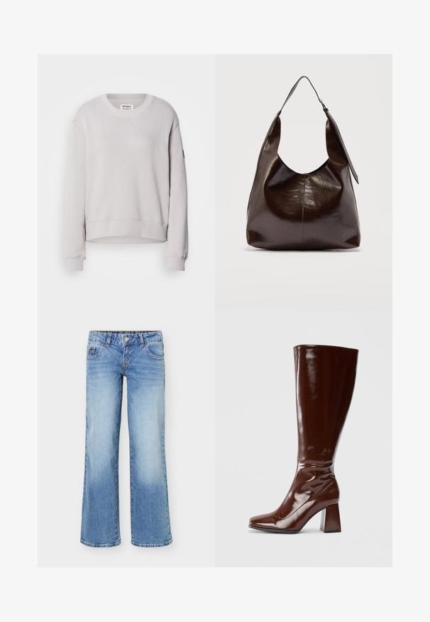 Lys grå sweatshirt med rund hals, lange ærmer, ribbede manchetter og en let cropped kant. Har diskret syning foran.; Lyseblå denimjeans med en let vidde i benene, femlommefacon og knap- og lynlåslukning foran.; Knæhøje brune patentlæderstøvler med firkantet tå, glansfuld finish og en kraftig hæl for stabilitet. Sømløs design uden synligt hardware.; Mørkebrunt, skinnende læder skuldertaske med en enkelt bred rem og spændedetalje på den ene side, sat mod en ensartet lys baggrund.