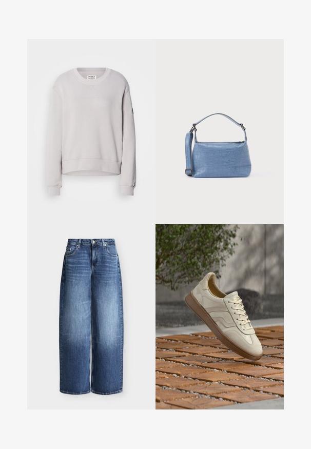 Lichtgrijze sweatshirt met een ronde hals, lange mouwen, ribgebreide manchetten en een iets verkorte zoom. Kenmerkt subtiele stiksels aan de voorkant.; Blauwe jeans met wijde pijpen, voorste knoop- en ritssluiting, riemlussen en klassiek ontwerp met vijf zakken op een effen achtergrond.; Sneaker in roomkleur met een gestructureerde beige rubberen zool, vetersluiting en subtiele merkdetails aan de zijkant. Bovenwerk van glad leer.; Lichtblauwe handtas met krokodillenprint, voorzien van een korte handgreep en een afneembare schouderriem. Gladde textuur met een ritssluiting.