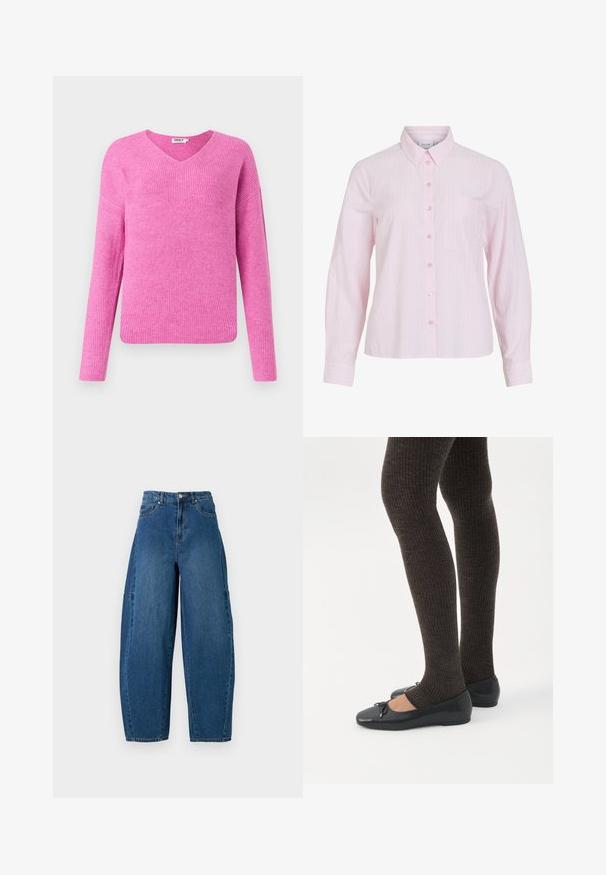 Roze geribde gebreide trui met een v-hals, lange mouwen en een relaxte pasvorm. Gemaakt van zacht materiaal en met een gestructureerd patroon.; Lichtroze shirt met lange mouwen en verticale witte strepen, knoopsluiting aan de voorkant, kraag en een borstzak aan de linkerkant. Soepele katoenen stof.; Denim spijkerbroek in een medium blauwe wassingen, met een hoge taille, wijde broekspijpen en een standaard vijf-pocket ontwerp met zichtbare stikseldetails.; Benen met donkere geribbelde leggings gecombineerd met zwarte ballerina's met kleine strikdetails op een witte achtergrond.
