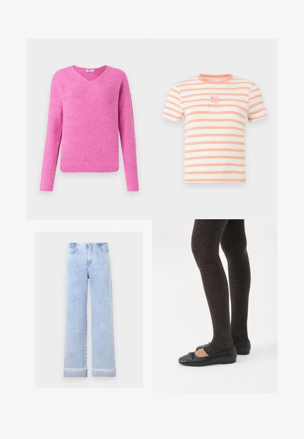 Roze geribde gebreide trui met een v-hals, lange mouwen en een relaxte pasvorm. Gemaakt van zacht materiaal en met een gestructureerd patroon.; Wit T-shirt met korte mouwen en een ronde hals met horizontale perzikstrepen en een kleine roze geborduurde bloem op de borst.; Lichtblauwe jeans met wijde pijpen, omgeslagen boorden en voorzakken, weergegeven op een effen lichtgrijze achtergrond.; Benen met donkere geribbelde leggings gecombineerd met zwarte ballerina's met kleine strikdetails op een witte achtergrond.
