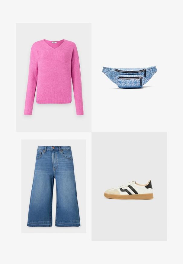 Lyserød ribbet striktrøje med v-udskæring, lange ærmer og en afslappet pasform. Lavet af blødt materiale og med et struktureret mønster.; Blå denim shorts til knæet med forlommer og knaplukning på en ensfarvet lys baggrund.; Hvid sneaker med beige tåhæt, sorte sidelister, lysebrun sål og lavt snit.; Sølvblå glam bæltetaske med to lynlåslommer, der har en struktureret overflade, sorte lynlåse og en justerbar talje.