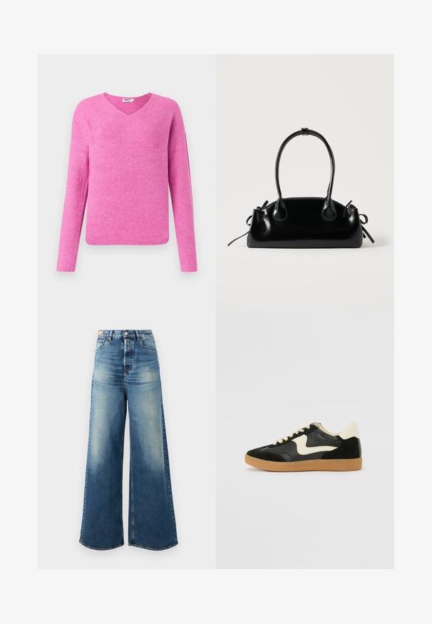 Roze geribde gebreide trui met een v-hals, lange mouwen en een relaxte pasvorm. Gemaakt van zacht materiaal en met een gestructureerd patroon.; Wijde blauwe denim jeans met een vervaagde afwerking, hoge taille en klassiek vijf-pocket ontwerp. Voorzien van koperen hardware en rafelige zomen.; Zwarte suède en leren sneaker met een crèmekleurige zij-swoosh en lichte crèmekleurige hiel. Voorzien van beige veters en een gumrubberen zool.; Kleine zwarte glanzende handtas met twee lange hengsels en zijkant trekkoord details op een effen lichte achtergrond.