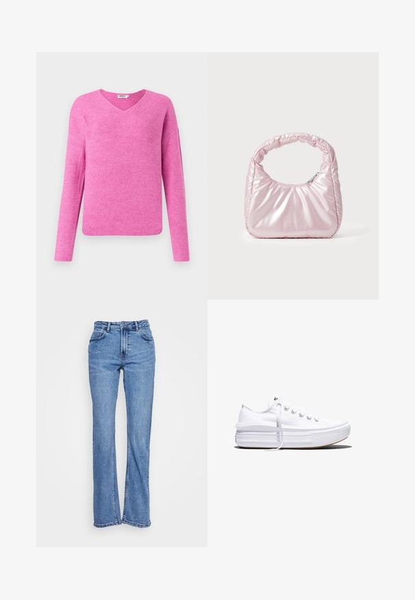 Roze geribde gebreide trui met een v-hals, lange mouwen en een relaxte pasvorm. Gemaakt van zacht materiaal en met een gestructureerd patroon.; Blauwe spijkerbroeken van denim met een rechte pijp, hoge taille en vijf zakken. De stof heeft een vervaagde wassing en lichte slijtageplekken.; Witte lage canvas sneaker met dikke plateauzool, veters aan de voorkant en rubberen toeskap met structuur, zijaanzicht.; Roze, gevoerde handtas met een afgeronde vorm, gemaakt van glanzend materiaal. Beschikt over een geplooide handgreep en een ritssluiting voor veilige toegang.