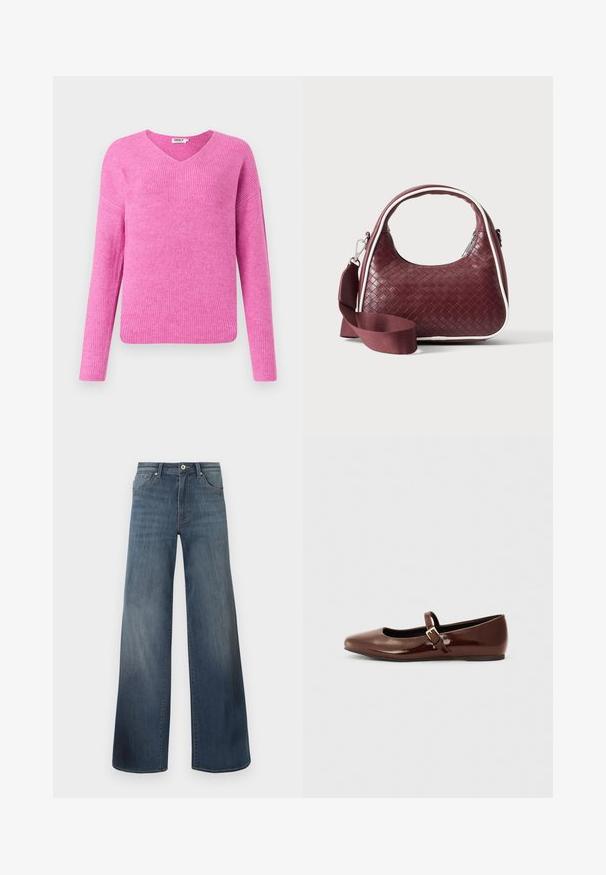 Roze geribde gebreide trui met een v-hals, lange mouwen en een relaxte pasvorm. Gemaakt van zacht materiaal en met een gestructureerd patroon.; Brede denims met wijde pijpen in donkerblauw, met een verwasde afwerking, knoopsluiting en vijf-pocketstijl. Gladde textuur, minimale stikseldetails.; Bruine gepatineerde leren balletschoen met een vierkante neus en een bandje met een kleine gouden gesp. Gladde textuur, lage hak en minimalistisch ontwerp.; Donkerrode geweven leren handtas met gebogen handvat, witte bies, zilveren rits en afneembare brede stoffen schouderriem tegen een effen achtergrond.