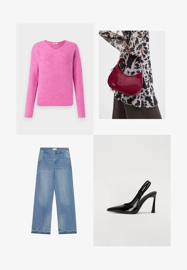 Lyserød ribbet striktrøje med v-udskæring, lange ærmer og en afslappet pasform. Lavet af blødt materiale og med et struktureret mønster.; Lyseblå højtaljede wide-leg jeans med knaplukning, frontlommer, bæltestropper og diskret falmet detaljer.; Sorte patenterede lædersædler med spidse tæer, slank høj hæl og dobbelt elastisk rem for sikker pasform. Glat, skinnende overflade.; Kvinde iført en sort- og hvidmønstret bluse, der holder en blank rød skuldertaske mod en ensfarvet baggrund.