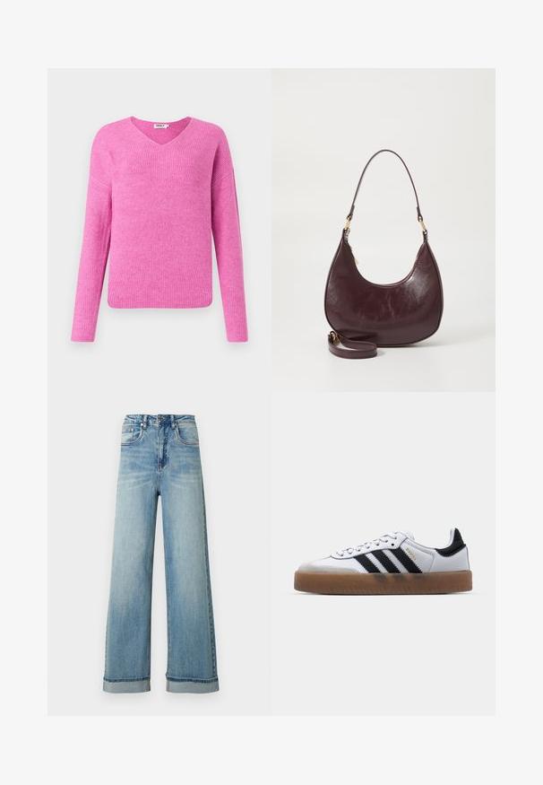 Lyserød ribbet striktrøje med v-udskæring, lange ærmer og en afslappet pasform. Lavet af blødt materiale og med et struktureret mønster.; Lyseblå vidbenede jeans i denim med høj talje, udstyret med fem lommer, lynlås og opsmøgede kanter. Stoffet har en let slidt tekstur.; Hvide lædersneakers med sorte striber, gummirubber sål, rund tå, snørelukning og blød grå ruskinds tåhætte.; Bordeaux læder skuldertaske med en buet form, lynlås lukning og en aftagelig rem. Har en glat overflade og guldfarvede hardware detaljer.
