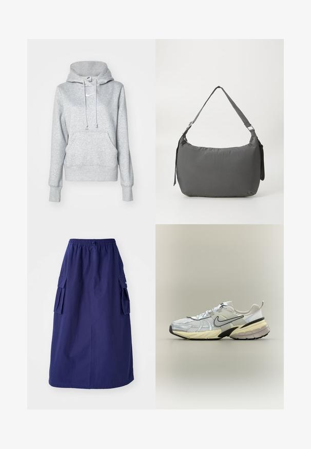 Grå pullover-hoodie med snøre i hætten, frontlomme og ribbehænder. Har en lille hvid Nike-logo på brystet.; Marineblå, mellemlang nederdel med elastisk talje, der har to sidelommer og et minimalistisk logodesign. Glat stofstruktur.; Hvid og grå Nike-sneaker med mesh-overdel, sort swoosh, beige mellemsål og sort ydersål på en lys baggrund.; Grå polstret skuldertaske med en buet form, en glat tekstur, justerbar strop og et diskret prægede logo på forsiden.