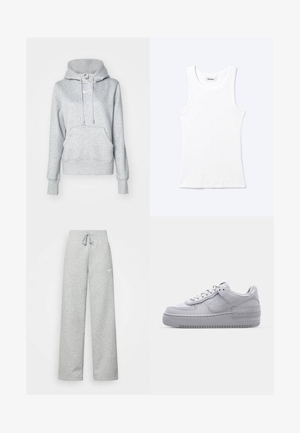 Hall halli pusakaga kapuutsiga, ees tasku ja soonilised mansetid. Rinnal väike valge Nike logo.; Valge taskuteta soonikust top ümarate kaelusega ja väike silt, millel on kiri "WEEKDAY", krae sees.; Hallide higi värvi spordipüksid, elastse vöökoht ja paelaga detail, millel on vasakul reiel väike valge Nike logo. Pehme kangas, laiem lõige.; Hallitus hallid Nike Air Force 1 sneakerid, millel on augustatud varvas, siledast nahast ülemine osa, paks tall ning reljeefne 'AIR' detail kontsapadjal.