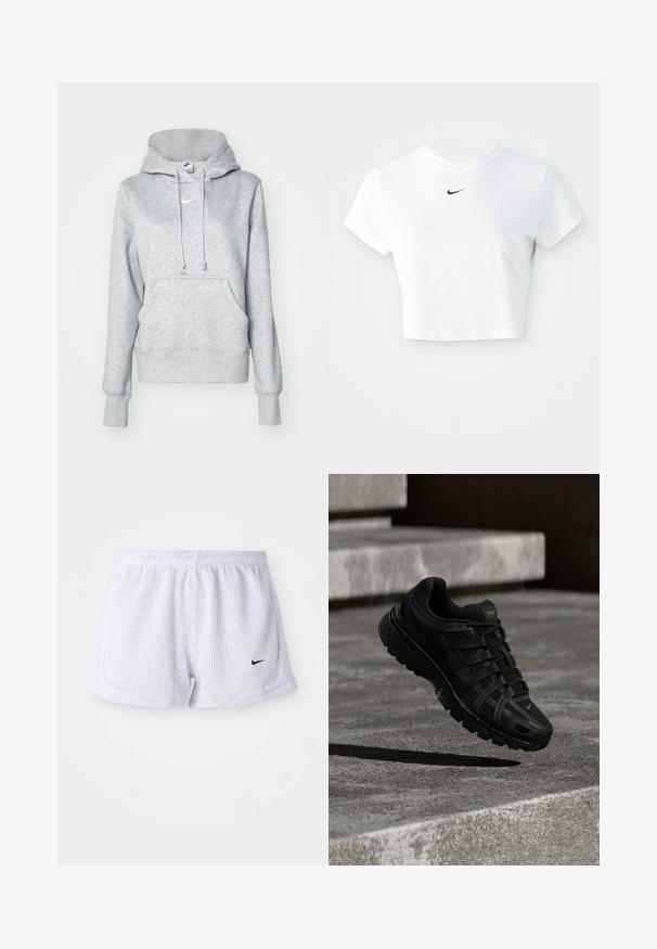 Grijze pullover hoodie met een capuchon met trekkoord, een voorzak en geribbelde manchetten. Voorzien van een klein wit Nike-logo op de borst.; Witte cropped T-shirt van katoen, met korte mouwen en een ronde halslijn, voorzien van een zwart Nike-logo op de borst.; Witte, geribbelde sportshorts met een elastische tailleband en een klein zwart Nike-logo aan de linksonderzijde. Eenvoudig, minimalistisch ontwerp.; Zwarte sportschoen met een bovenwerk van mesh, een rubberen zool en een ingewikkeld vetersysteem; heeft een lichte kromming en Nike-logo.