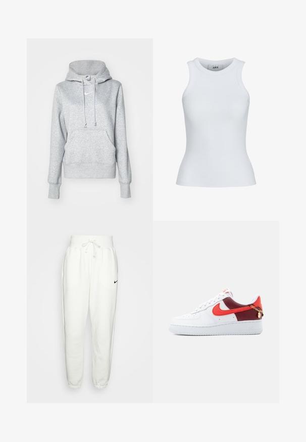 Harmaa huppari, jossa on kiristysnauhallinen huppu, etutasku ja resorit hihansuissa. Rinnassa pieni valkoinen Nike-logo.; Valkoinen ribbineuleinen hihaton toppi, jossa on pyöreä pääntie. Siinä on kapea malli ja pehmeä rakenne, joka soveltuu kerroksittain käytettäväksi.; Valkoiset collegehousut, jotka on valmistettu pehmeästä kankaasta. Housuissa on joustava vyötärö, jossa on naru, sivutaskut ja musta Nike-logo vasemmassa reidessä.; Valkoinen Nike Air Force 1 -lenkkari, jossa punaiset ja tummanpunaiset paneelit, punainen swoosh-logo ja pieni kultainen ketju kiinnitettynä kantapään lähelle.