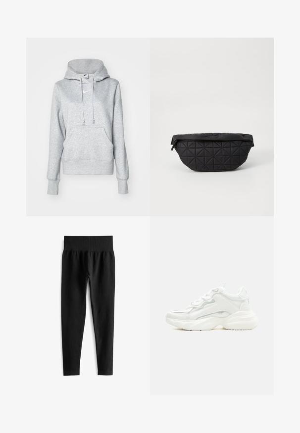 Grå pullover-hoodie med snøre i hætten, frontlomme og ribbehænder. Har en lille hvid Nike-logo på brystet.; Sorte ribbede leggings med en bred elastisk talje, der har en tætsiddende silhuet og en glat tekstur. Ingen synlig hardware eller mønstre.; Hvid chunky sneaker med tyk sål, snørelukning foran og glat syntetisk overdel med subtile syningsdetaljer.; Sort quiltet taske med en blød, polstret tekstur og et vinkelret diamantmønster, med en buet silhuet og lynlåslukning.