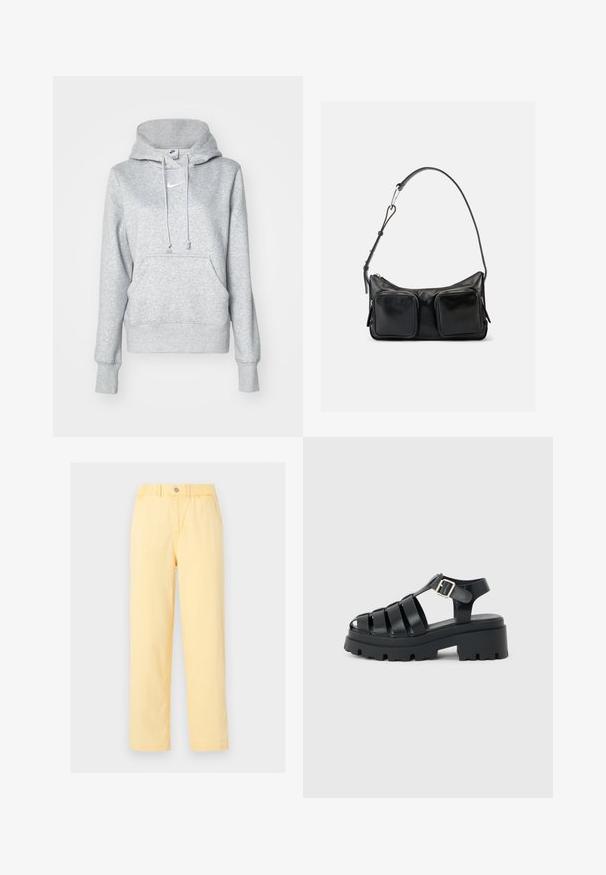 Harmaa huppari, jossa on kiristysnauhallinen huppu, etutasku ja resorit hihansuissa. Rinnassa pieni valkoinen Nike-logo.; Vaaleankeltaiset, suorat housut, joissa on joustava vyötärönauha, napillinen suljenta ja sivutaskut neutraalia taustaa vasten.; Musta paksupohjainen platform-sandaali, jossa useita hihnoja, avoin varvas, nilkkahihna ja hopeinen solki vaaleanharmaalla taustalla.; Musta nahkainen olkalaukku, jossa säädettävä hihna ja kaksi suurta etutaskua, joissa vetoketjut, yksinkertaisella vaalealla taustalla.
