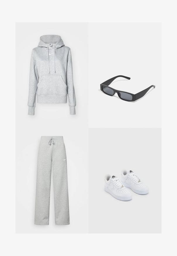 Sivá mikina s kapucňou na šnúrku, predným vreckom a rebrovanými manžetami. Na hrudi má malý biely logo Nike.; Šedé tepláky s elastickým pásom, detailom na šnúrku a malým bielym logom Nike na ľavom stehne. Mäkká tkanina, voľný strih.; Biele tenisky Nike Air Force 1 s hladkým koženým zvrškom, perforovanou špičkou, bielymi šnúrkami a čiernym logom na jazyku.; Čierne obdĺžnikové slnečné okuliare s tmavými sklami a hrubými matnými rámami. Ramena sú mierne zúžené s hladkým povrchom.