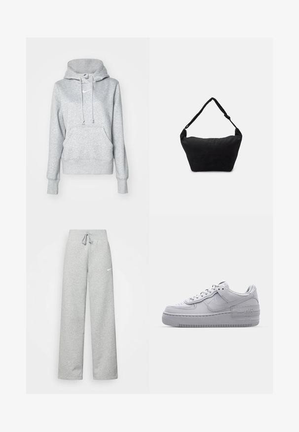 Grijze pullover hoodie met een capuchon met trekkoord, een voorzak en geribbelde manchetten. Voorzien van een klein wit Nike-logo op de borst.; Grijze sweatpants met een elastische tailleband, een trekkoord-detail en een klein wit Nike-logo op de linkerdij. Zachte stof, losvallend.; Grijze Nike Air Force 1 sneaker met geperforeerde neus, glad leren bovenwerk, dikke zool en verhoogde 'AIR' details op de hiel.; Zwarte stoffen schoudertas met een zachte, gestructureerde oppervlakte, ronde vorm en een enkele strap. Minimalistisch ontwerp zonder zichtbare hardware of accenten.
