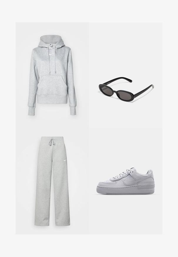Grå pullover-hoodie med snøre i hætten, frontlomme og ribbehænder. Har en lille hvid Nike-logo på brystet.; Grå sweatpants med elastisk talje, snor detaljer og et lille hvidt Nike-logo på venstre lår. Blødt stof, løs pasform.; Grå Nike Air Force 1 sneakers med perforeret tå, glat læderoverdel, tyk sål og præget 'AIR' detalje på hælen.; Even&Odd by Zalando Solbriller - black