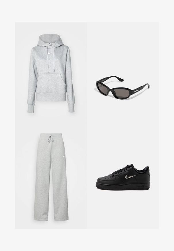 Grå pullover-hoodie med snøre i hætten, frontlomme og ribbehænder. Har en lille hvid Nike-logo på brystet.; Grå sweatpants med elastisk talje, snor detaljer og et lille hvidt Nike-logo på venstre lår. Blødt stof, løs pasform.; Sort lavtop sneaker fra Nike Air med sorte snørebånd, perforeret tå og sølvfarvet Nike swoosh på siden, sat mod en ensfarvet hvid baggrund.; Sorte solbriller med rektangulært stel, mørke linser, glat plastmateriale og en metalaccent på templet.