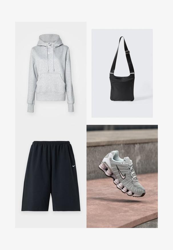 Grå pullover-hoodie med snøre i hætten, frontlomme og ribbehænder. Har en lille hvid Nike-logo på brystet.; Sorte Nike atletikshorts med elastisk taljebånd og lille hvid Swoosh-logo på højre lår, vist mod en ensfarvet baggrund.; Lysegrå Nike-sneaker med sort swoosh-logo, hvide snørebånd og karakteristisk forårsagtig sål, vist svævende over en stensurface.; Sort nylon skuldertaske med flad design, justerbar rem og frontlomme med lynlås. Har en glat tekstur og minimalistisk stil.