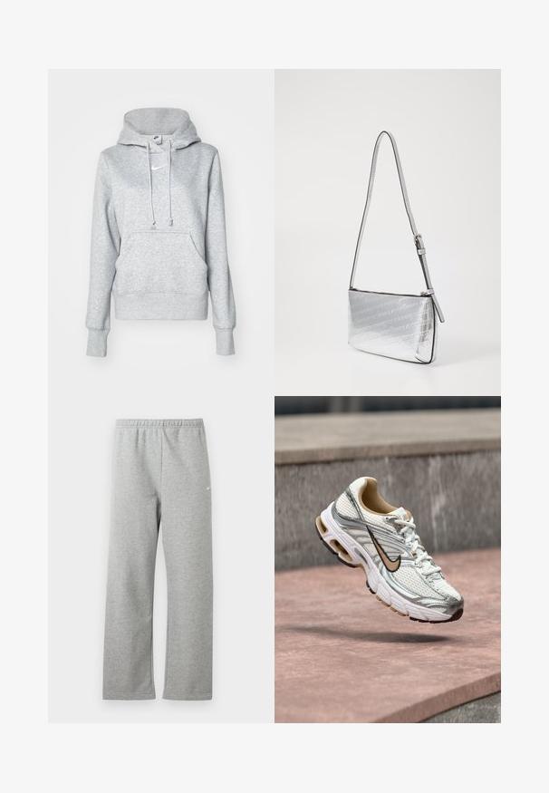 Grå pullover-hoodie med snøre i hætten, frontlomme og ribbehænder. Har en lille hvid Nike-logo på brystet.; Lysegrå joggingbukser med elastisk talje og lille hvidt Nike-logo på øverste lår, vist fladt mod en hvid baggrund.; Hvid og sølv Nike løbesko med beige swoosh-logo, vist i luften over en stens overflade med en sløret grå vægbaggrund.; Sølv crossbody taske med et elegant design, præget logo mønster, justerbar rem og glat metaloverflade. Lynlås lukning.