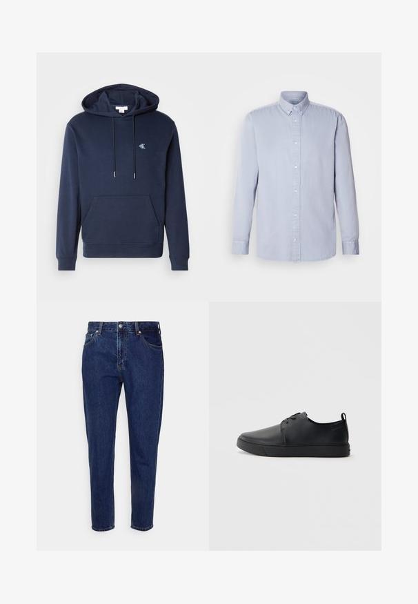 Sudadera de color azul marino con capucha ajustable, bolsillo canguro en la parte delantera, puños acanalados y un pequeño logo blanco en el pecho. Diseño clásico.; Camisa de botones de manga larga en azul claro, hecha de algodón con una textura suave, que presenta un cuello clásico y botones en la parte delantera.; Vaqueros de mezclilla azul oscuro de corte recto, con cierre frontal de botón y cremallera, trabillas para cinturón y bolsillos delanteros y traseros.; Zapatilla negra de cuero con acabado suave, punta redondeada, costuras a tono, cordones en la parte delantera y suela de goma plana. Asa en el talón.