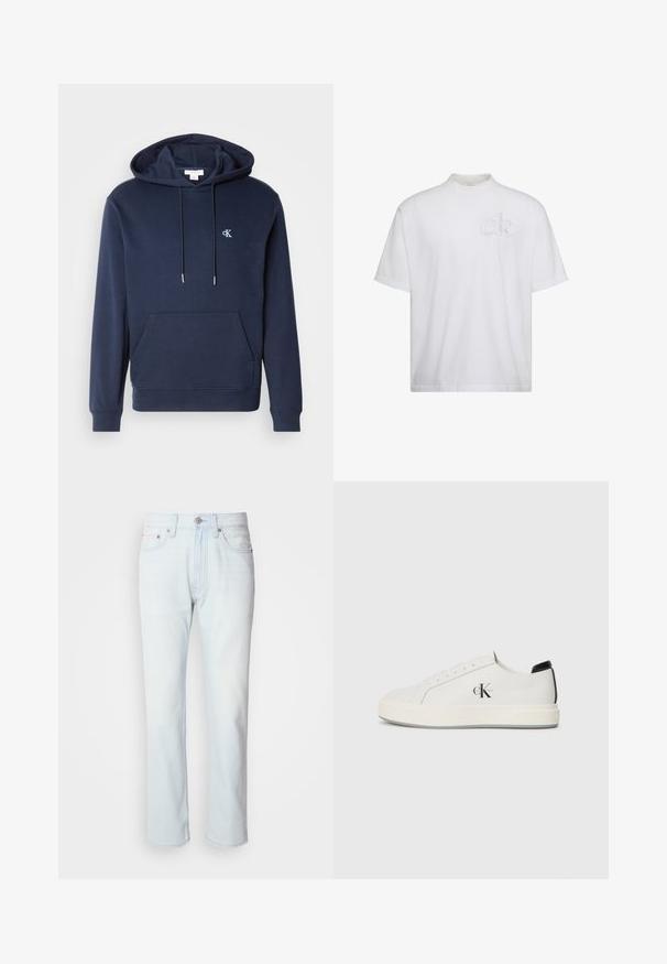 Sudadera de color azul marino con capucha ajustable, bolsillo canguro en la parte delantera, puños acanalados y un pequeño logo blanco en el pecho. Diseño clásico.; Camiseta blanca de manga corta con cuello alto simulado, con un sutil logo "ck" en relieve en el pecho izquierdo.; Jeans de mezclilla azul claro con corte recto. Cuentan con un cierre de botón y pasadores para cinturón, mostrando una textura desgastada y costuras mínimas.; Zapatillas de cuero blanco con puntera redondeada, suela de goma plana y acento negro en el talón. Presenta un destacado logo negro de Calvin Klein en el costado.
