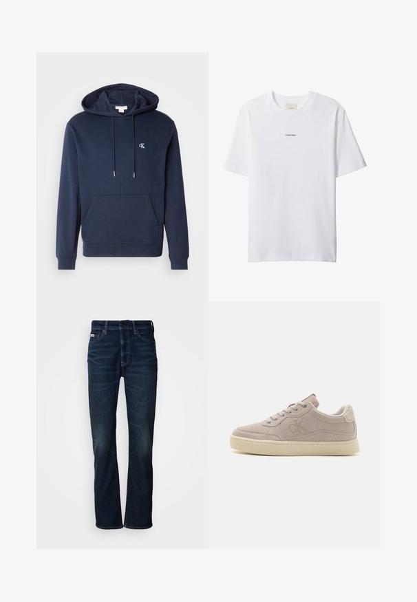Sudadera de color azul marino con capucha ajustable, bolsillo canguro en la parte delantera, puños acanalados y un pequeño logo blanco en el pecho. Diseño clásico.; Camiseta blanca de algodón con cuello redondo y mangas cortas. Cuenta con un pequeño logo negro de "Calvin Klein" centrado en el pecho.; Jeans de mezclilla azul oscuro con un diseño de pierna recta, que presentan un desgaste sutil, un cierre de botón y un estilo clásico de cinco bolsillos.; Calvin Klein Jeans CLASSIC CUPSOLE ICONIC - Zapatillas - eggshell creamy white