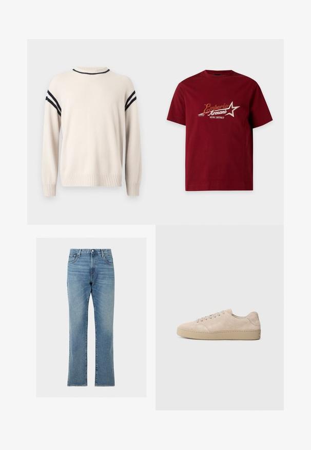 Pull beige clair en matière douce, avec un col rond, des poignets côtelés et des rayures noires le long des épaules pour les détails.; T-shirt en coton rouge foncé à manches courtes avec le texte "Emporio Armani Music District" et un graphisme étoile sur la poitrine.; Jean droit bleu en denim avec poches devant et derrière, fermeture par boutons et passants pour ceinture.; Baskets en daim beige avec un bout rond, des lacets plats et une semelle en caoutchouc texturé. Design minimaliste avec des bords lisses et des coutures discrètes.