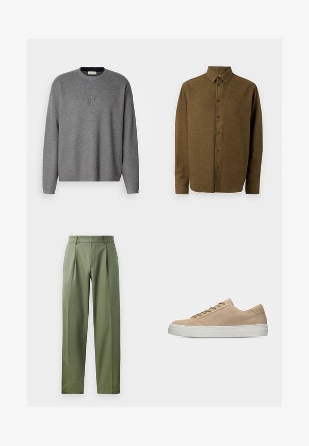 Grauer Strickpullover mit Rundhalsausschnitt, der ein geprägtes "ck"-Logo auf der Brust und gerippte Bündchen trägt. Weicher Stoff, lockere Passform.; Langärmliges Hemd in Olivgrün mit einem Button-Down-Kragen, vorderen Knöpfen und einem dezenten Logo auf der Brust. Der Stoff wirkt strukturiert.; Maßgeschneiderte Hose aus olivgrünem Stoff mit glatter Textur, ausgestattet mit zwei vorderen Falten, Gürtelschlaufen und geradem Bein.; Beiger Wildleder-Sneaker in niedrigem Schnitt mit beigen Schnürsenkeln und dicker weißer Gummisohle, seitlich auf einem schlichten weißen Hintergrund dargestellt.