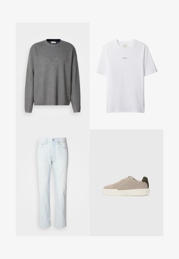 Grijze gebreide sweatshirt met een ronde hals, voorzien van een reliëf "ck" logo op de borst en geribde manchetten. Zachte textuur, ontspannen pasvorm.; Witte katoenen T-shirt met een ronde hals en korte mouwen. Heeft een klein zwart "Calvin Klein"-logo in het midden van de borst.; Lichtblauwe denim jeans met een rechte pijp. Voorzien van een knoopsluiting en riemlussen, met een vervaagde textuur en minimale stiksels.; Beige suède sneakers met een witte rubberen zool, voorzien van een donkergroene hielaccent en subtiele branding aan de zijkant.