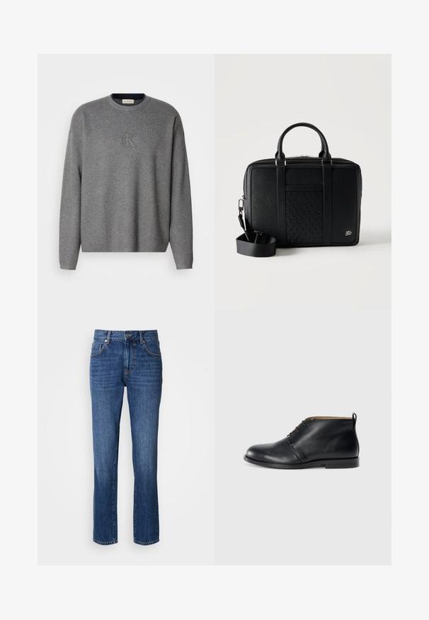 Grauer Strickpullover mit Rundhalsausschnitt, der ein geprägtes "ck"-Logo auf der Brust und gerippte Bündchen trägt. Weicher Stoff, lockere Passform.; Dunkelblaue Jeans mit klassischem geradem Bein, fünf Taschen und Metallknopfakzenten. Der Stoff hat eine glatte Textur.; Schwarze Leder-Stiefeletten mit glatter Oberfläche, runder Zehenpartie, minimalen Nähten und einer niedrigen, strapazierfähigen Sohle.; Schwarze Leder-Aktentasche mit strukturiertem Frontpaneel, zwei oberen Griffen, abnehmbarem Schulterriemen und kleinem silbernem Logo unten rechts.