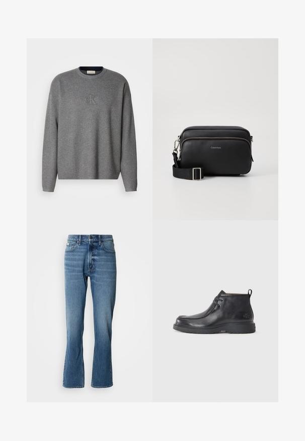 Sweatshirt en tricot gris avec un col rond, présentant un logo "ck" en relief sur la poitrine et des poignets côtelés. Texture douce, coupe décontractée.; Jeans en denim bleu clair avec une coupe droite et une légère évasée. Comprend cinq poches, une fermeture à bouton et des détails de décoloration subtils.; Bottes noires en cuir à talon arrondi, avec un design à lacets et une languette à l'arrière. Tige texturée et semelle en caoutchouc.; Sac en cuir noir à bandoulière avec deux compartiments zippés, finition texturée, sangle ajustable et accents en métal argenté. Logo Calvin Klein affiché.