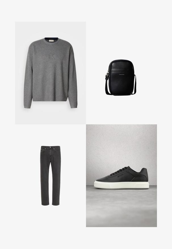 Sweatshirt en tricot gris avec un col rond, présentant un logo "ck" en relief sur la poitrine et des poignets côtelés. Texture douce, coupe décontractée.; Jean en denim noir à coupe droite avec fermeture avant par bouton et zip, poches avant et arrière, présenté sur fond blanc.; Baskets en cuir noir avec semelle en caoutchouc blanche, bout arrondi et lacets plats. Accents texturés sur les côtés, design minimaliste.; Sac bandoulière compact en cuir noir texturé avec surpiqûres à l'avant et logo "Calvin Klein", doté d'une sangle d'épaule réglable.