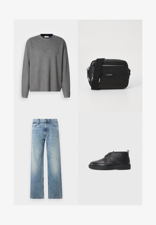 Grauer Strickpullover mit Rundhalsausschnitt, der ein geprägtes "ck"-Logo auf der Brust und gerippte Bündchen trägt. Weicher Stoff, lockere Passform.; Hellblaue Jeans mit geradem Bein, hohem Bund, fünf Taschen, Knopfverschluss und dezentem Verblassen an Oberschenkeln und Knien.; Schwarze Leder-Stiefeletten mit glatter Textur, abgerundeter Spitze und schwarzer Gummisohle. Verfügt über ein Schnürdesign und eine Fersenschlaufe für ein einfaches Anziehen.; Schwarze Umhängetasche aus strukturiertem synthetischem Material, mit silbernem Beschlag, verstellbarem Gurt, ausgestattet mit einem Logo-Schild auf der Vorderseite und einem Reißverschluss.