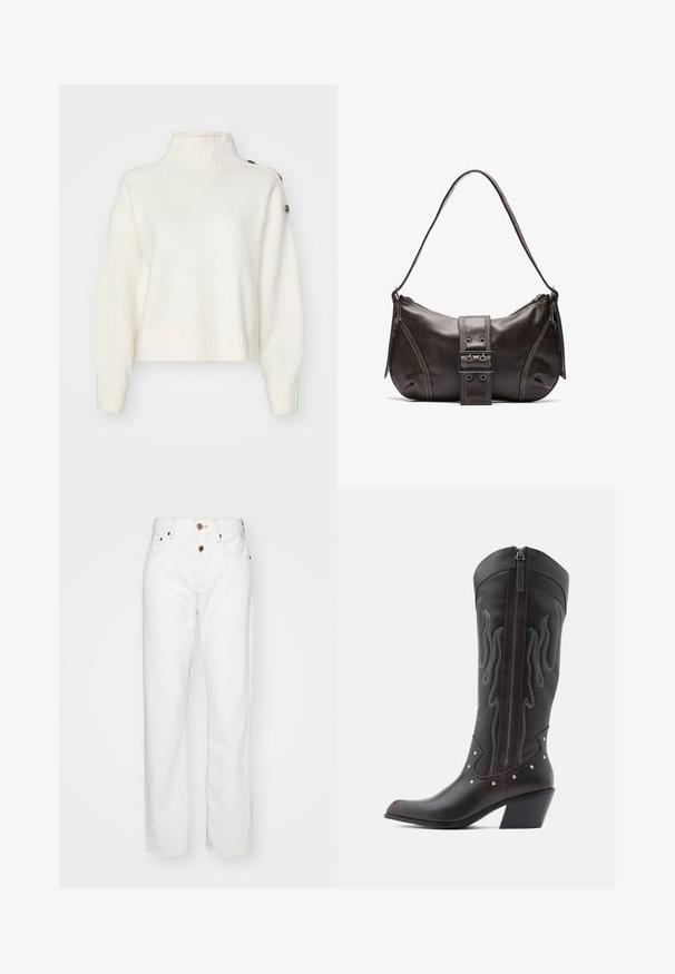 Pull blanc et duveteux avec un col montant à côtes, des manches larges et un ourlet côtelé. Présente des boutons sur l'épaule pour un détail supplémentaire.; Jeans en denim blanc avec une coupe droite ; comprend une fermeture à bouton et à glissière, des coutures beiges et des poches avant.; Bottes de cowboy en cuir marron avec surpiqûres en forme de flammes, fermeture éclair latérale, clous argentés, bout pointu et talon superposé.; Sac à épaule en cuir marron avec une forme courbée, présentant un détail de boucle proéminent, des coutures contrastantes et une seule bandoulière.