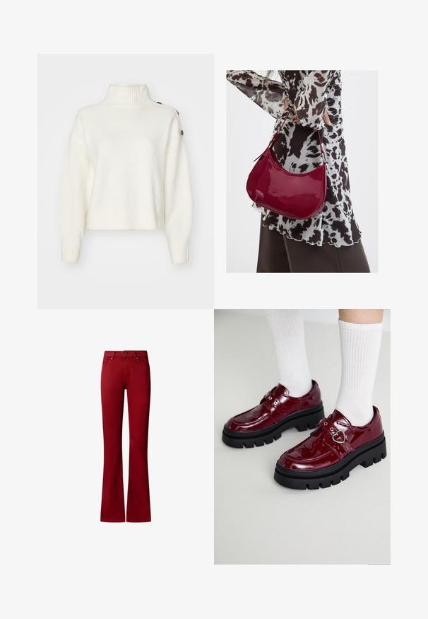 Pull blanc et duveteux avec un col montant à côtes, des manches larges et un ourlet côtelé. Présente des boutons sur l'épaule pour un détail supplémentaire.; Pantalon pattes d'éléphant rouge avec bouton frontal, braguette zippée et style cinq poches, présenté sur un fond blanc.; Chaussures en cuir verni bordeaux avec une semelle noire épaisse, double sangle avec un détail en forme de cœur, et des chaussettes blanches à côtes. Design rétro avec une traction épaisse.; Femme portant un chemisier à motif noir et blanc tenant un sac à main rouge brillant sur un fond uni.