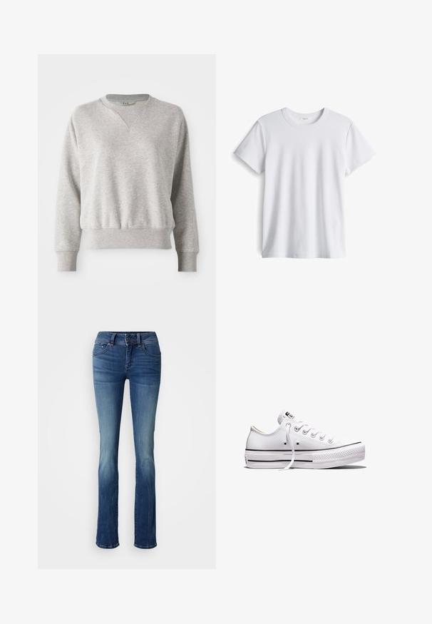 Lichtgrijze sweatshirt met een ronde hals en geribbelde afwerking. Heeft een ontspannen pasvorm en een lichte geribbelde textuur bij de mouwen en taille.; Witte katoenen t-shirt met een ronde halslijn en korte mouwen. Zachte textuur, rechte snit, geen zichtbare logo's of patronen.; Donkerblauwe uitlopende spijkerbroek met een lichte vervaging, gemaakt van denim. Deze heeft een vijf-pocket ontwerp, knoopsluiting en riemlussen.; Wit lage canvas sneaker met witte veters, rubberen zool, zwarte streepdetails en logopatch op de tong en hiel.