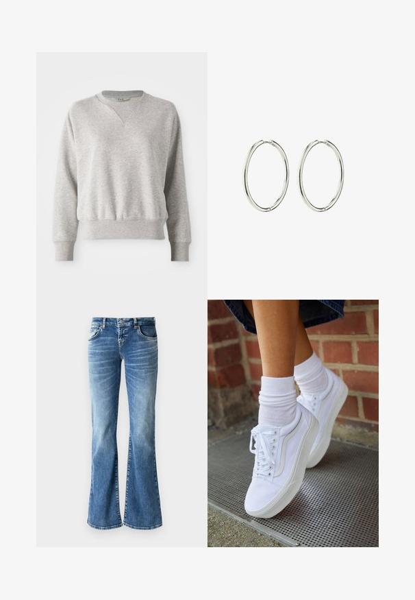 Lys grå sweatshirt med rund halsudskæring og ribbet kant. Har en afslappet pasform og en let ribbet tekstur ved manchetter og talje.; Lyseblå denim flare jeans med en falmet vask, fem lommer, syede detaljer og en lynlås med en knaplukning.; Hvide lærreds sneakers med gummisåler, der har seks snørehuller, rund tå og let sømdetaljer, krydret med hvide ankelstrømper.; Sølvøreringe med en glat, poleret overflade. Rund form, letvægtsdesign med en sikker låsemekanisme.