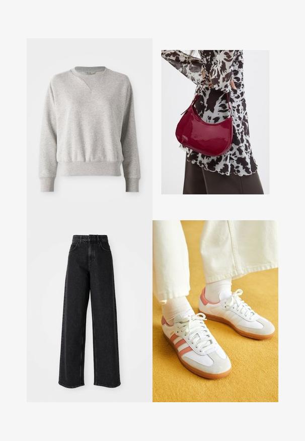 Lys grå sweatshirt med rund halsudskæring og ribbet kant. Har en afslappet pasform og en let ribbet tekstur ved manchetter og talje.; Sorte højtaljede brede bukser lavet af denim, præget af et klassisk fem-lomme design og subtile syninger.; Hvide sportsko med lyserøde accenter, lavet af ruskind og læder, rund tå og gummisål, vist med lyse sokker på en gul baggrund.; Kvinde iført en sort- og hvidmønstret bluse, der holder en blank rød skuldertaske mod en ensfarvet baggrund.