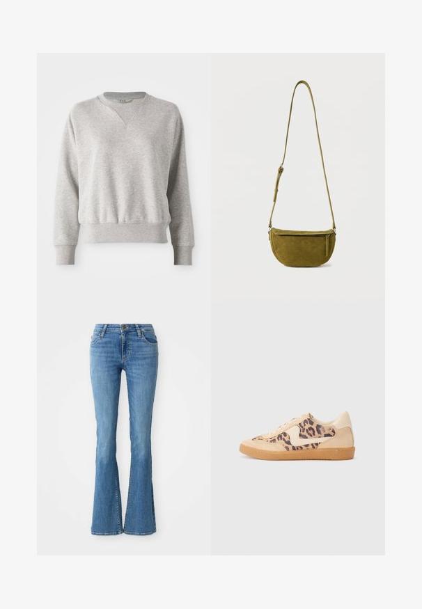 Lys grå sweatshirt med rund halsudskæring og ribbet kant. Har en afslappet pasform og en let ribbet tekstur ved manchetter og talje.; Lyseblå svalende jeans lavet af denim. Har en mid-rise talje, fem-lomme design og subtilt falmende detaljer overalt. Syede detaljer på sømmene.; Leopardprint sneakers med beige ruskindsoverdel, tan gummisål og hvide detaljer. Rund pegefinger og snørebåndsdesign med en tekstureret finish.; Olivengrøn ruskind skuldertaske med justerbar rem og lynlåslomme foran på ensfarvet hvid baggrund.