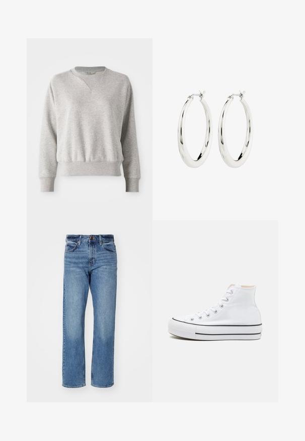 Lys grå sweatshirt med rund halsudskæring og ribbet kant. Har en afslappet pasform og en let ribbet tekstur ved manchetter og talje.; Lys blå lige ben jeans lavet af denim. Har fem lommer, en klassisk knaplukning og subtil fading gennem stoffet.; Hvide høj-top sneakers lavet af kanvasmateriale, sort gummisål og kontrasterende sort stribe på mellemsålen. Rund tåhætte og snørebåndsdesign.; Sølvøreringe i form af hoops med en glat, blank finish. Cirkulær form, der har en sikker lås. Simpelt og elegant design.