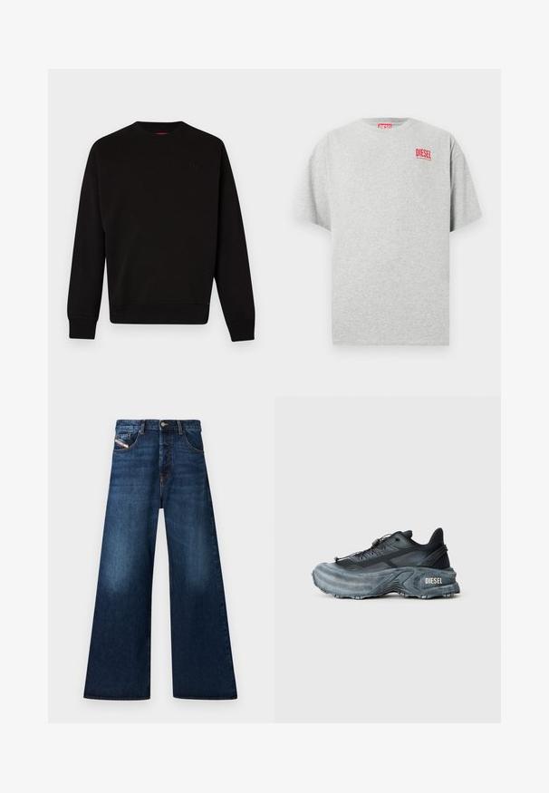 Sweatshirt noir en tissu doux, présentant un col rond, des poignets et un ourlet côtelés, avec un logo subtil sur la poitrine.; T-shirt en coton gris avec un col rond et des manches courtes. Présente un petit logo rouge « DIESEL » sur la poitrine. Texture lisse.; Jean en denim foncé à jambe large et taille haute. Dispose de cinq poches, d'une fermeture à bouton et d'une finition délavée près des cuisses.; Baskets Diesel noires et grises avec semelle épaisse, système de laçage à bascule et design texturé sur fond gris clair uni.