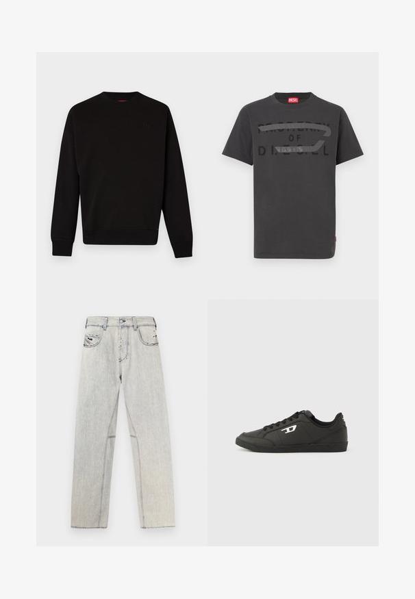 Sweatshirt noir en tissu doux, présentant un col rond, des poignets et un ourlet côtelés, avec un logo subtil sur la poitrine.; T-shirt en coton gris avec un texte noir audacieux indiquant "PROPERTY OF D.I.E.S.E.L.", à la texture lisse et manches courtes.; Jean en denim bleu clair coupe droite, avec des coutures contrastées, deux poches avant et des détails usés sur le tissu.; Baskets synthétiques noires avec une semelle noire texturée, un bout rond et des lacets plats noirs. Logo blanc remarquablement placé sur le côté extérieur.